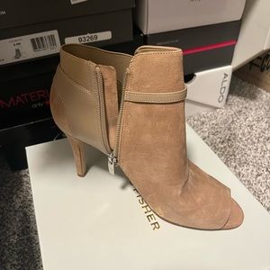 Tan suede open toe high heels